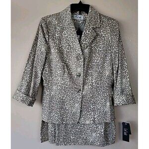 Le Suite 2 Piece Jacket & Skirt Sz 10 Beige Multi Print Waist Length Knee Length